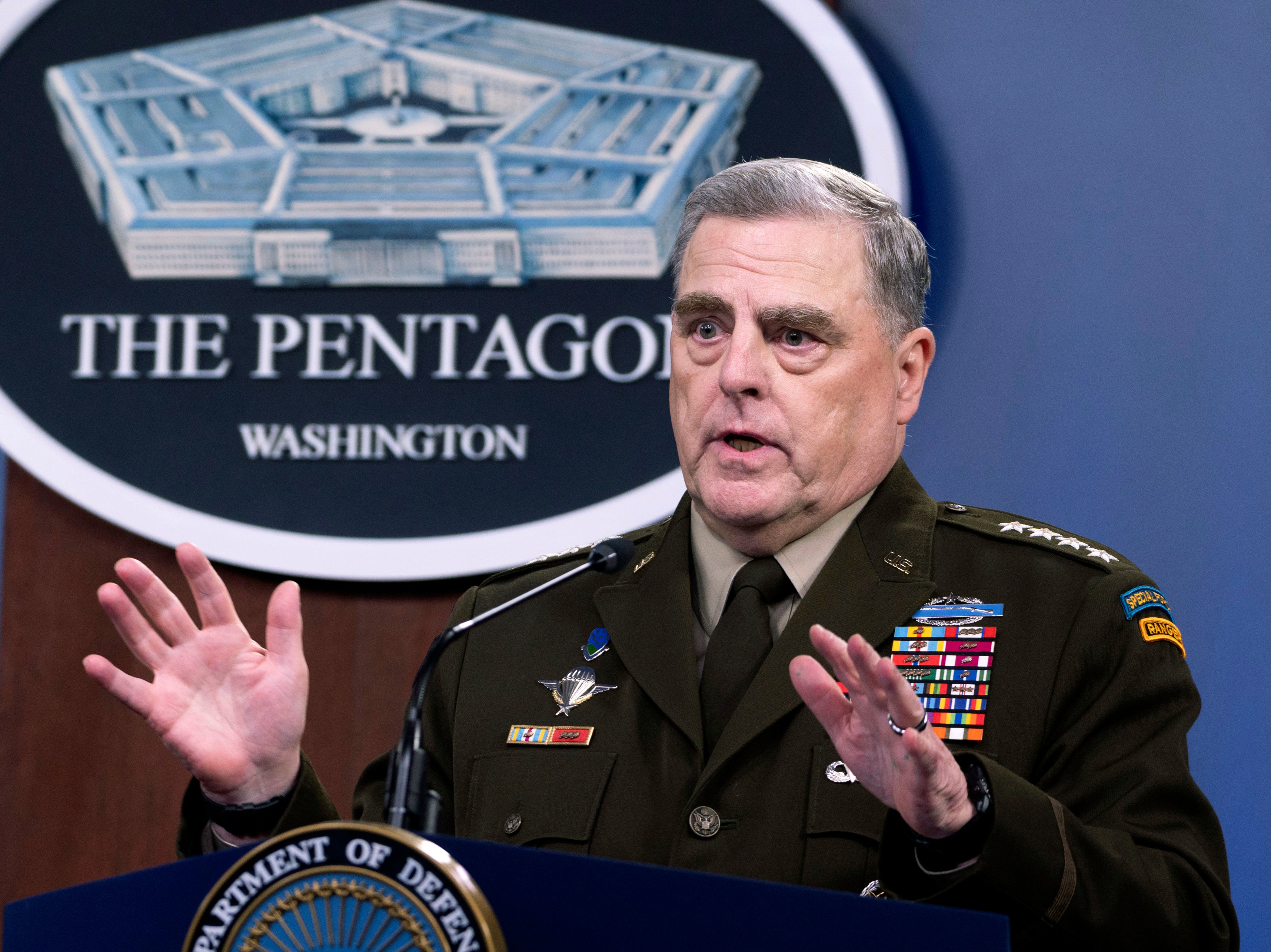 <p>In this July 21, 2021 file photo, Joint Chiefs Chairman Gen. Mark Milley speaks at a press briefing at the Pentagon in Washington</p>