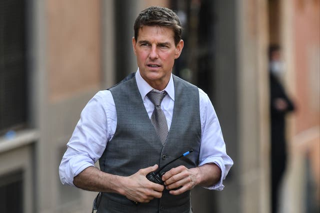 <p>Tom Cruise is pictured during the filming of ‘ Mission: Impossible 7’ on 6 October 2020 in Rome</p>