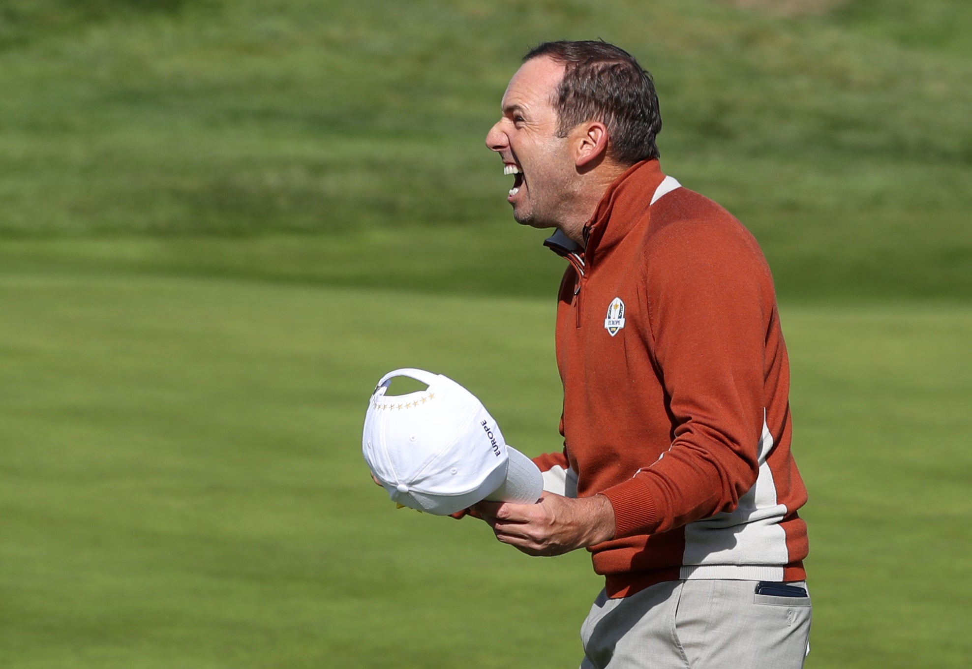 Sergio Garcia celebrates his birdie on the 17th during the fourballs match on day two of the Ryder Cup at Le Golf National (David Davies/PA)