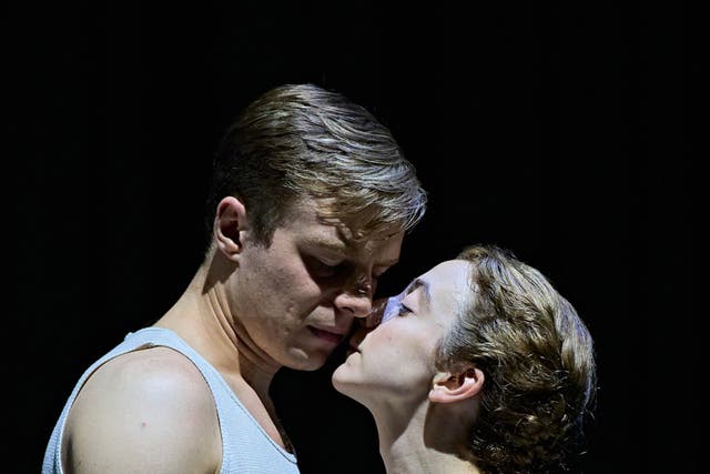 <p>Luke Thallon (Him) and Patsy Ferran (Her) in Camp Siegfried at The Old Vic</p>