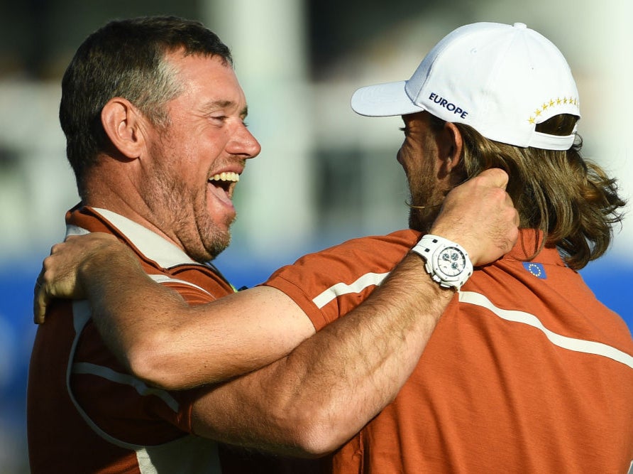 Team Europe vice-captain Lee Westwood celebrates with Tommy Fleetwood in 2018