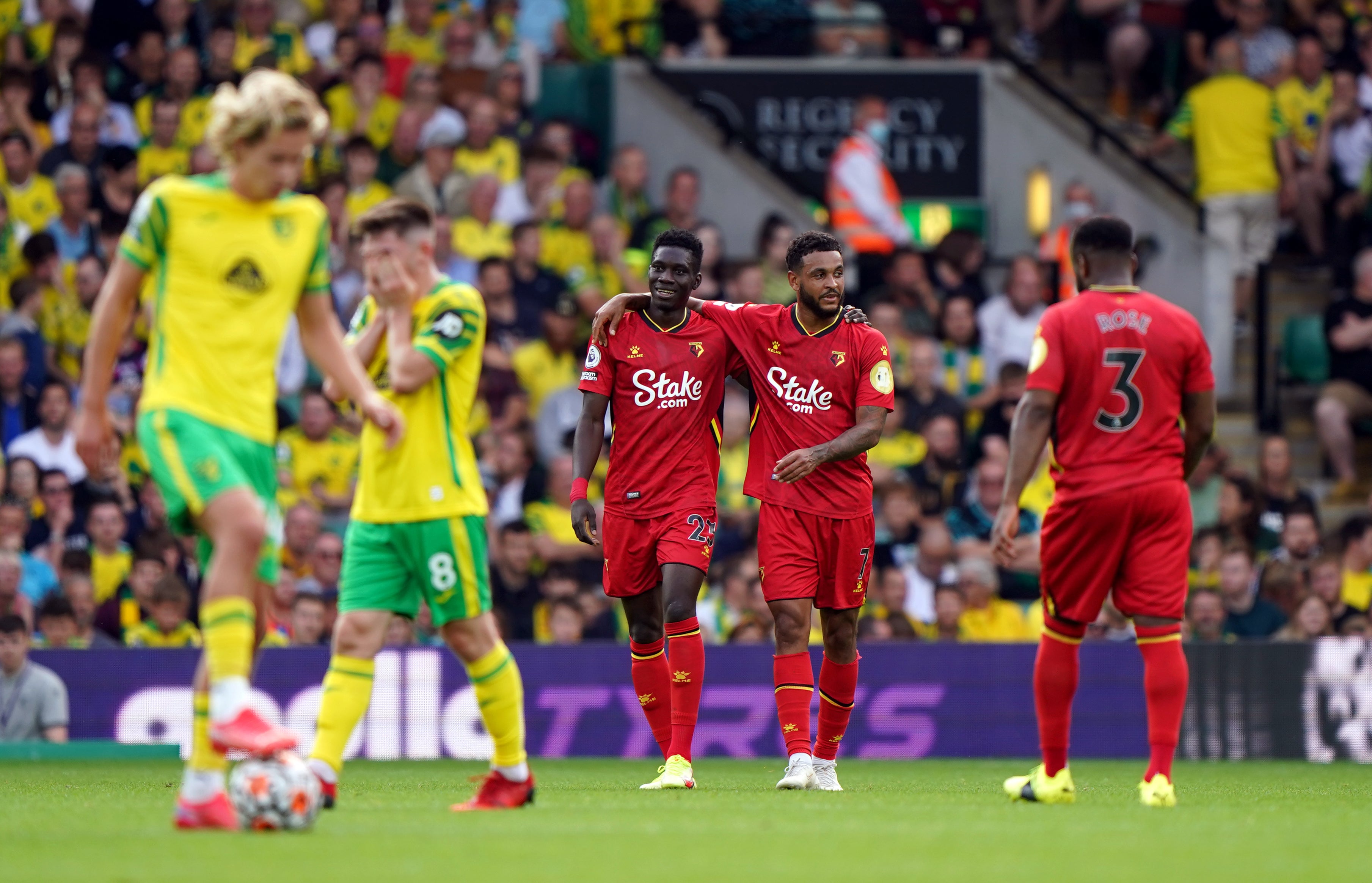 Watford’s Ismaila Sarr celebrates scoring his side’s third goal against Norwich (Joe Giddens/PA)