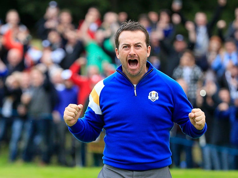 McDowell celebrates defeating Jordan Spieth during the 2014 Ryder Cup at Gleneagles