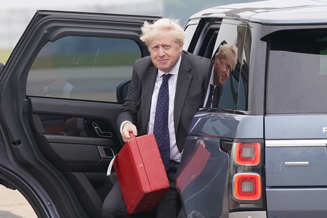 <p>Boris Johnson arrives at Stansted airport to board RAF Voyager ahead of a meeting with President Joe Biden in Washington</p>