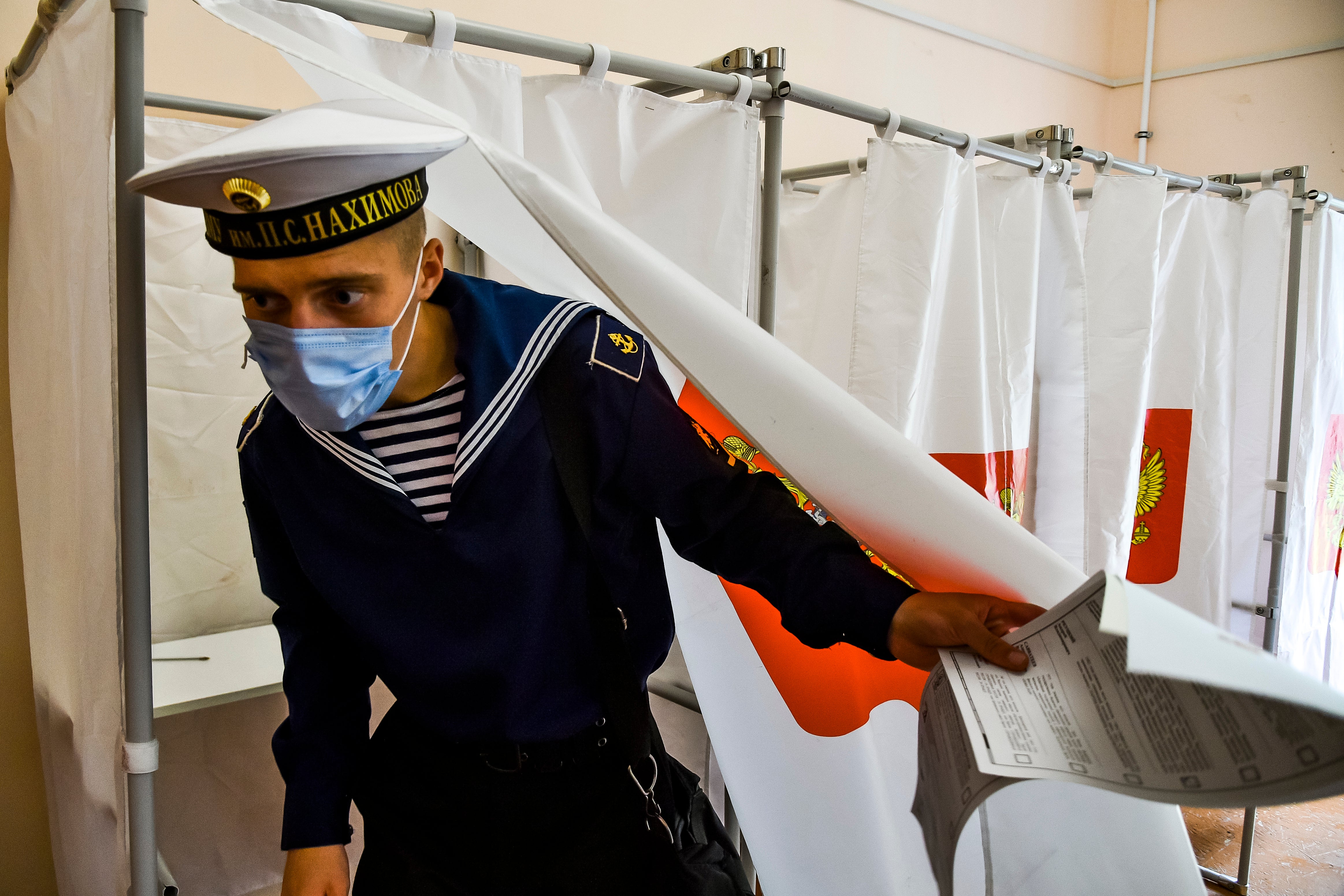 A sailor votes in Sevastopol, Crimea, on Sunday as part of Russian parliamentary elections