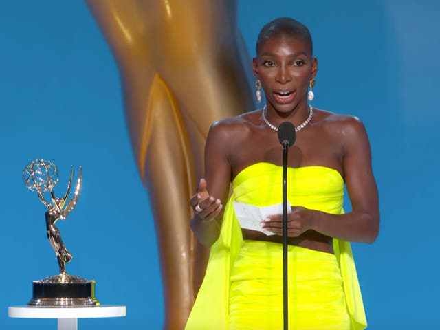 <p>Michaela Coel accepts her Emmy</p>