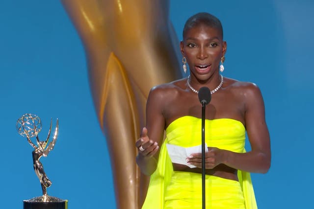 <p>Michaela Coel accepts her Emmy</p>