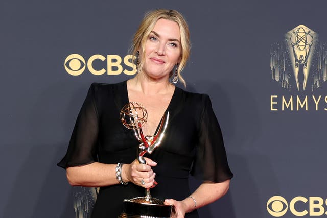 <p>Kate Winslet winner of the Outstanding Lead Actress in a Limited or Anthology Series or Movie, poses in the press room during the 73rd Primetime Emmy Awards</p>
