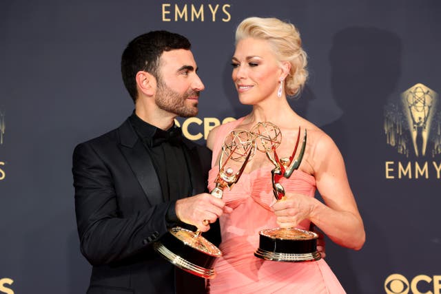<p>‘Ted Lasso’ stars Brett Goldstein and Hannah Waddingham with their Best Supporting Actor/Actress in a Comedy awards at the Emmys in Los Angeles </p>