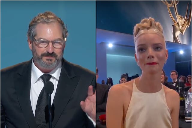<p>‘The Queen’s Gambit' director Scott Frank delivers his interminable acceptance speech to Anya Taylor-Joy at last night’s Emmys</p>