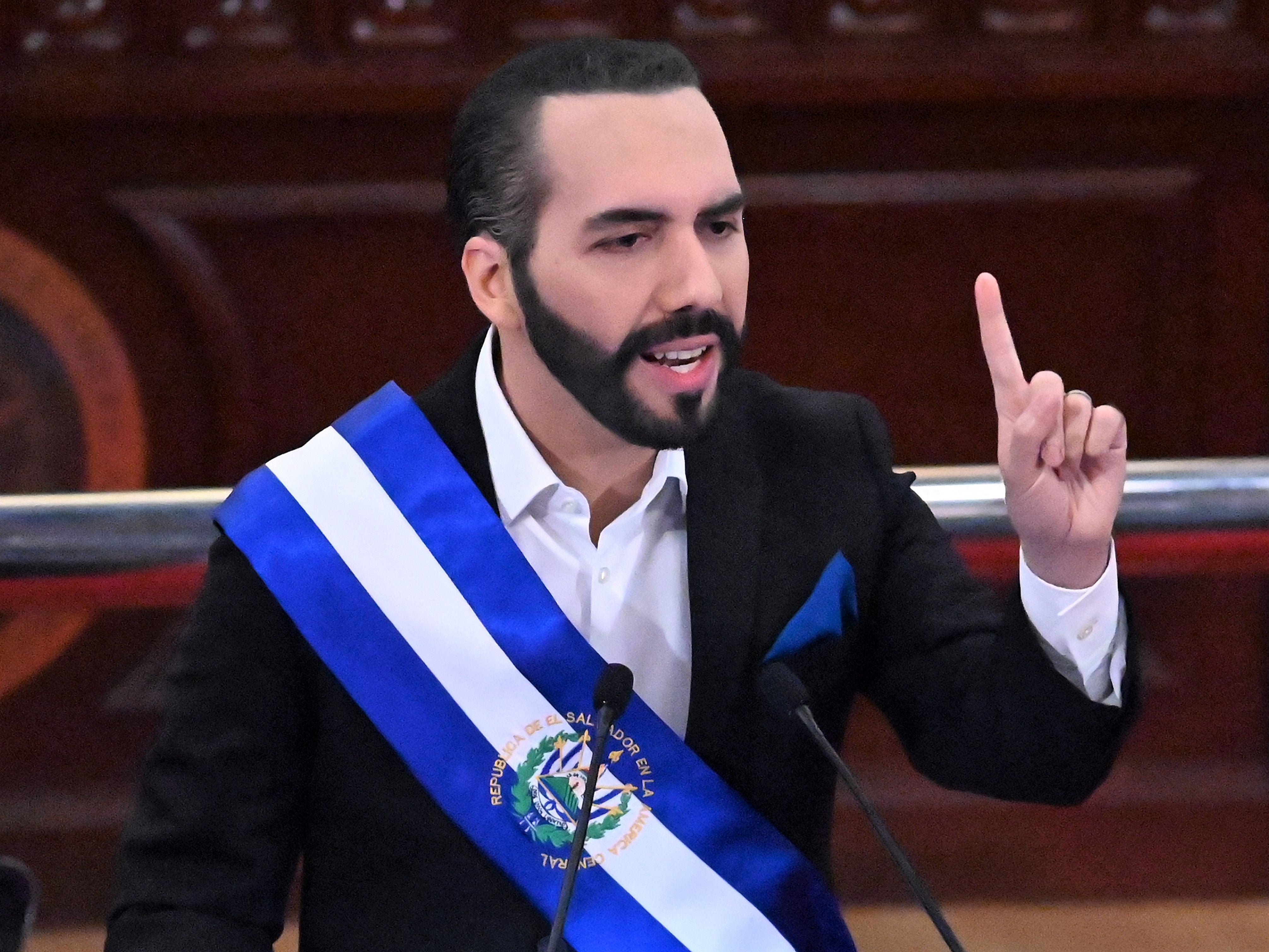 <p>File: Salvadoran President Nayib Bukele delivers his annual address to the nation</p>