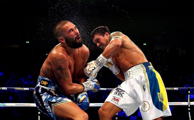 <p>Usyk, right, stopped Tony Bellew when they fought in November 2018 (Nick Potts/PA)</p>