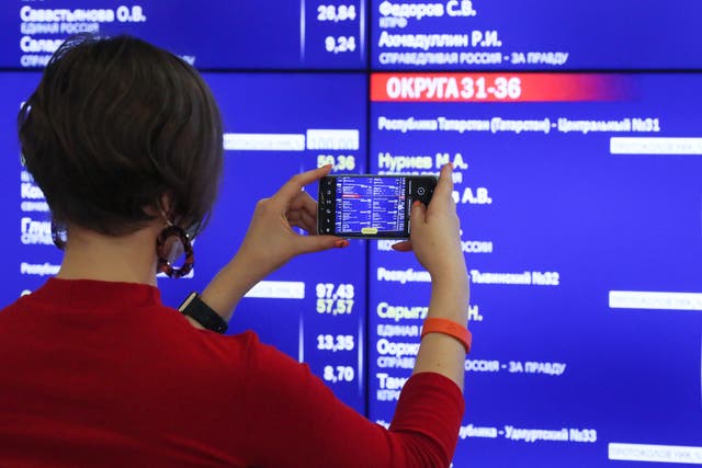 <p>A woman takes a picture of a screen displaying preliminary voting results</p>