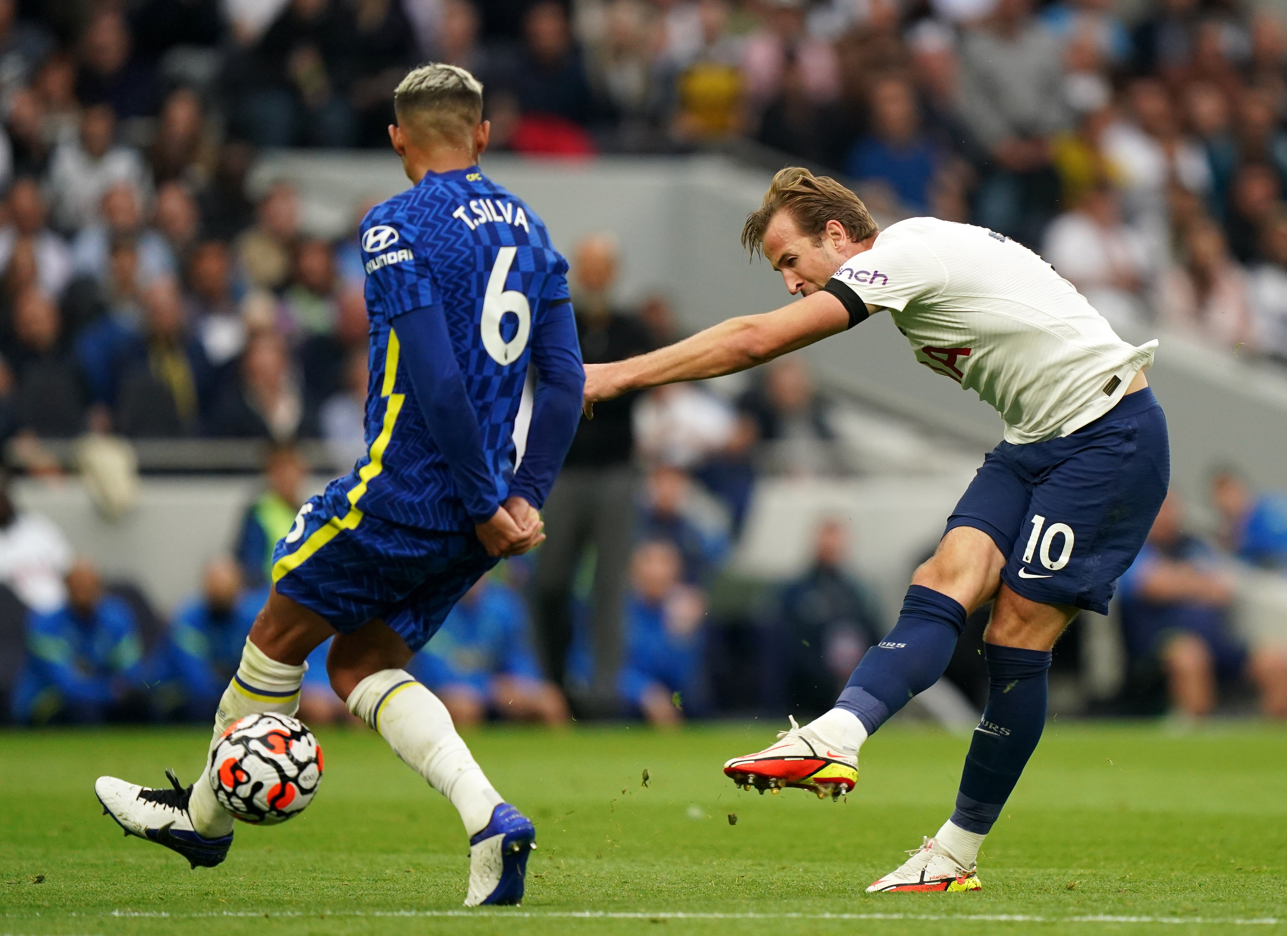 Harry Kane, right, was kept at bay – and outscored – by Thiago Silva and his fellow Chelsea defenders (Tim Goode/PA)