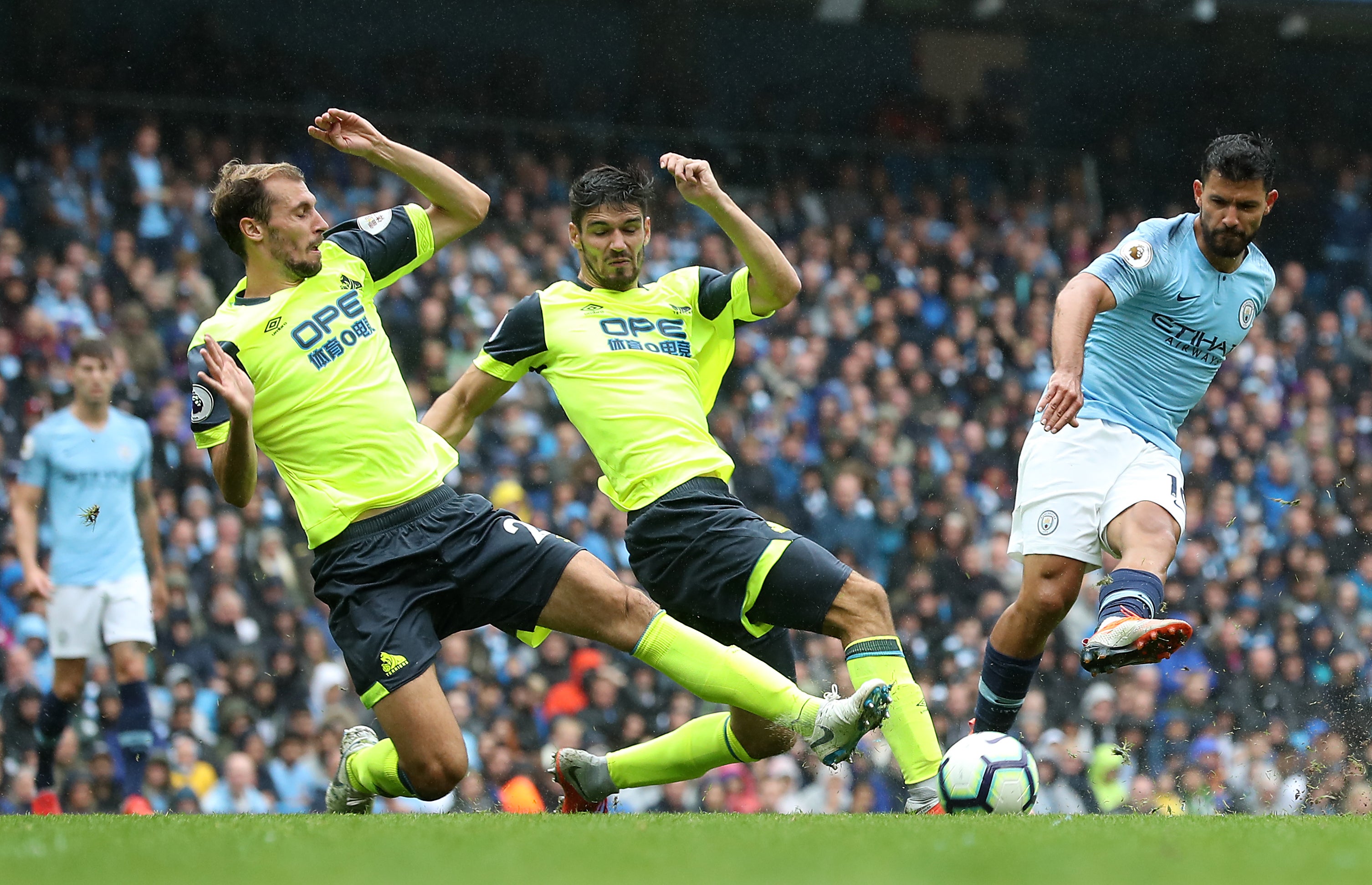Sergio Aguero, right, led the way in Manchester City’s 14 shots on target against Huddersfield in August 2018 (Martin Rickett/PA)