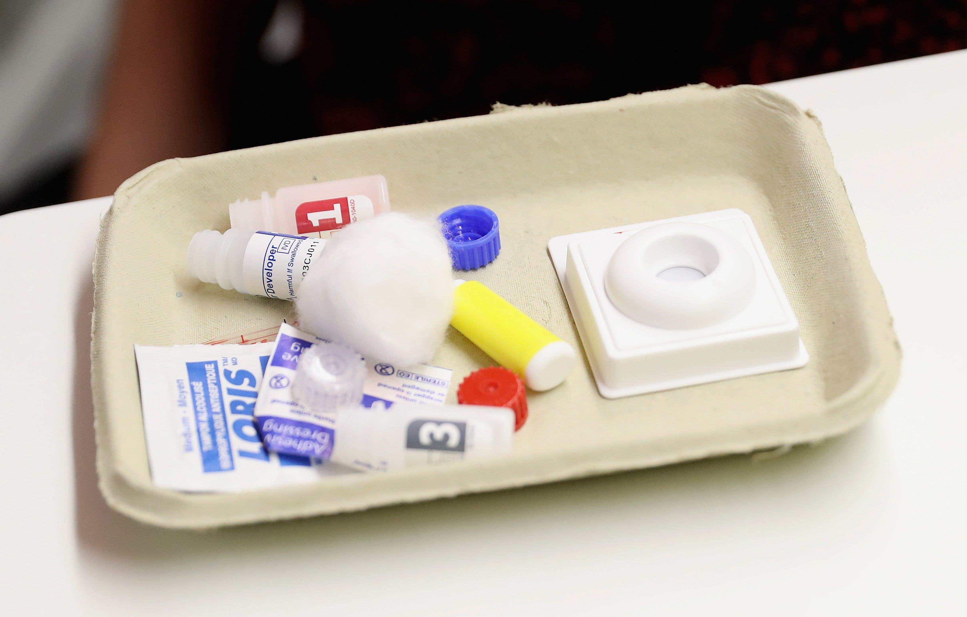 An HIV test kit at a walk-in test centre in London