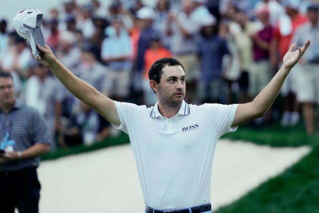 <p>Patrick Cantlay celebrates on the sixth playoff hole of the BMW Championship at Caves Valley, Maryland, on 29 August</p>