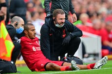 Thiago injury: Liverpool midfielder ruled out of next two matches with calf problem