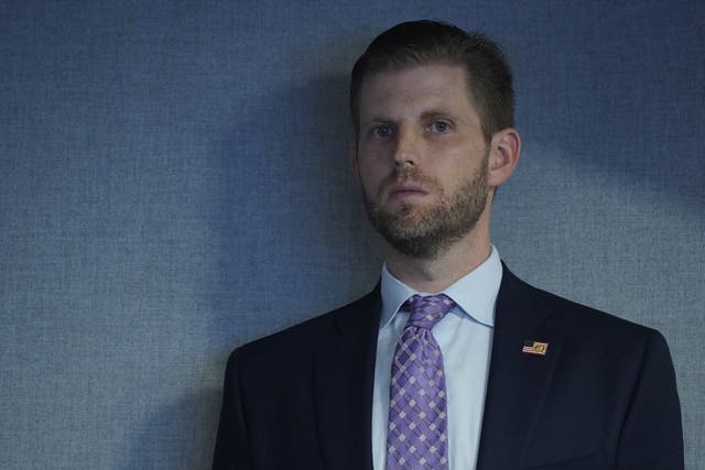 <p>Eric Trump looks on as US President Donald J. Trump attends a briefing on Hurricane Laura in the Federal Emergency Management Agency (FEMA) headquarters, in Washington, DC, USA, 27 August 2020</p>