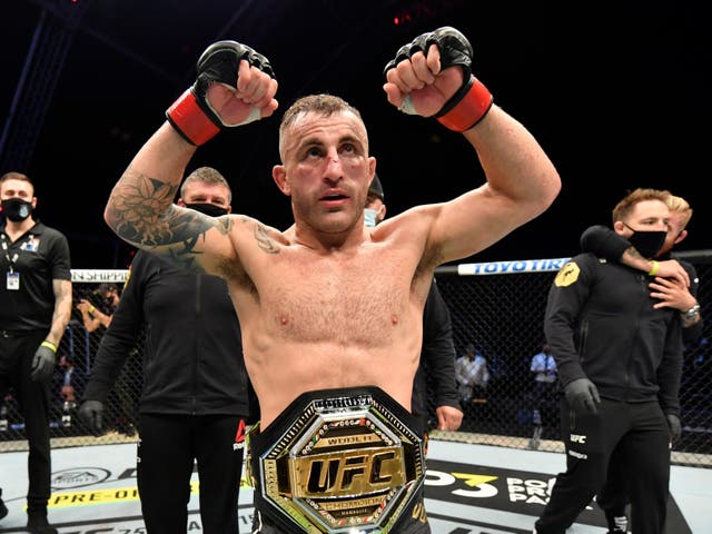 <p>Featherweight champion Alexander Volkanovski defends his belt at UFC 266</p>