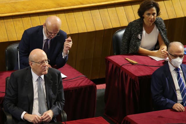 <p>Najib Mikati (left) speaks at the Unesco Palace in Beirut on 20 September. The session, to approve the new cabinet, was interrupted by a power outage </p>