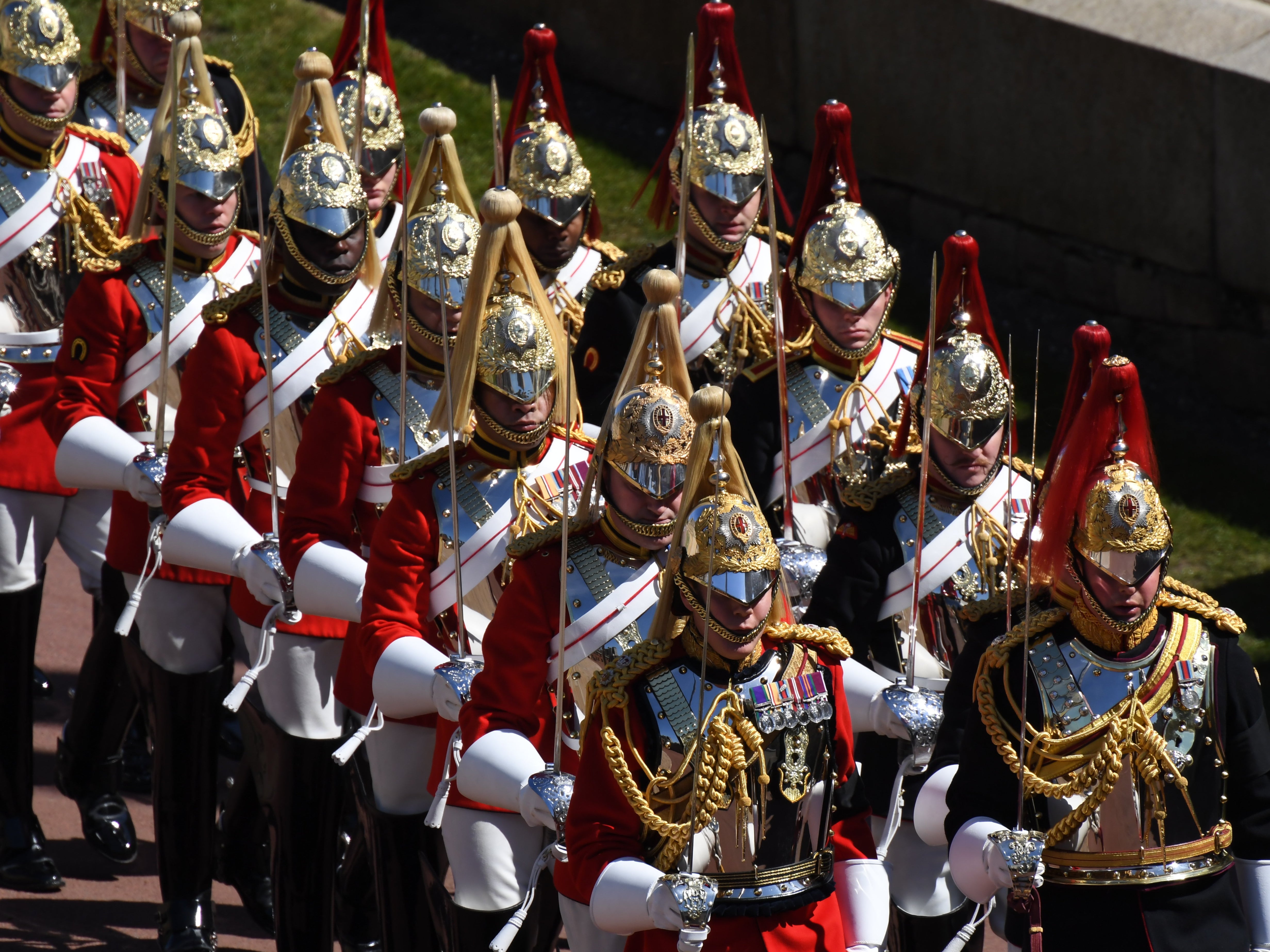 All those involved belong to the Household Cavalry Mounted Regiment, pictured at Prince Philip’s funeral, which is often tasked with guarding the Queen