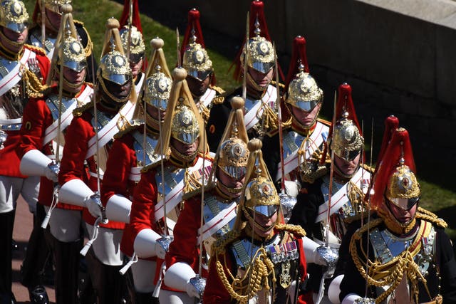 <p>All those involved belong to the Household Cavalry Mounted Regiment, pictured at Prince Philip’s funeral, which is often tasked with guarding the Queen</p>