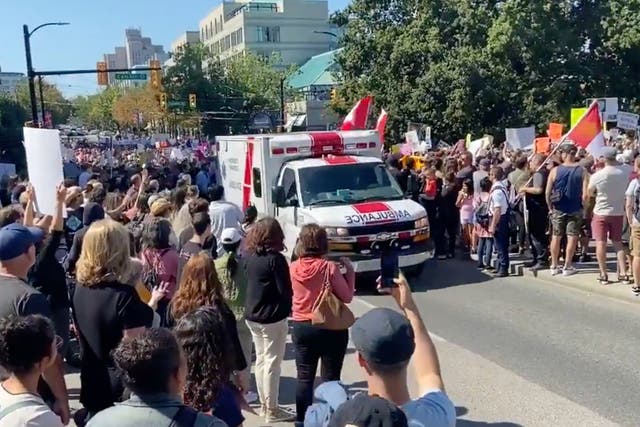 <p>An ambulance carrying a patient in critical condition in Vancouver was delayed as demonstrators protesting Covid-19 regulations </p>