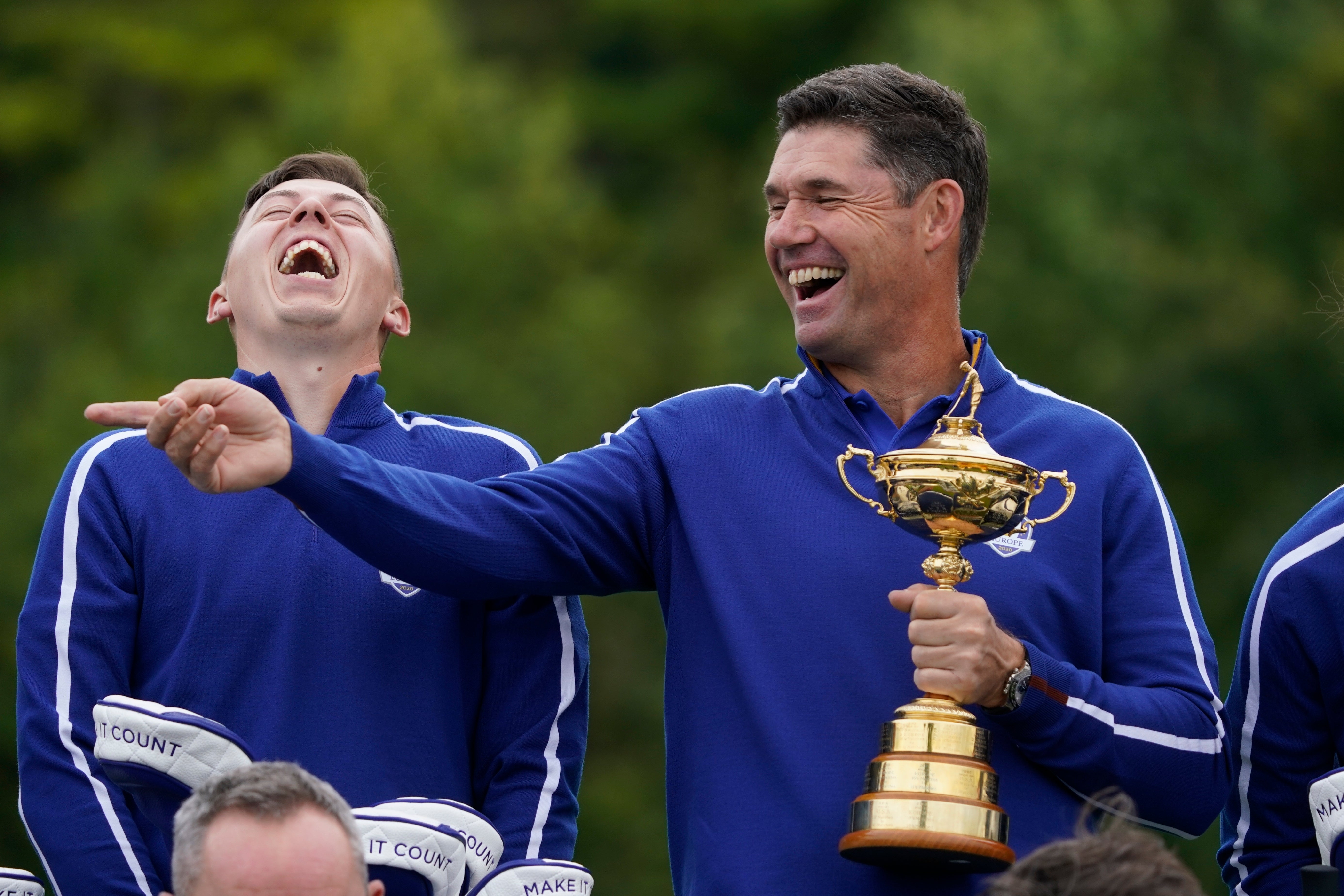 Captain Padraig Harrington, right, and Matt Fitzpatrick are hoping Europe are laughing on Sunday night (AP)