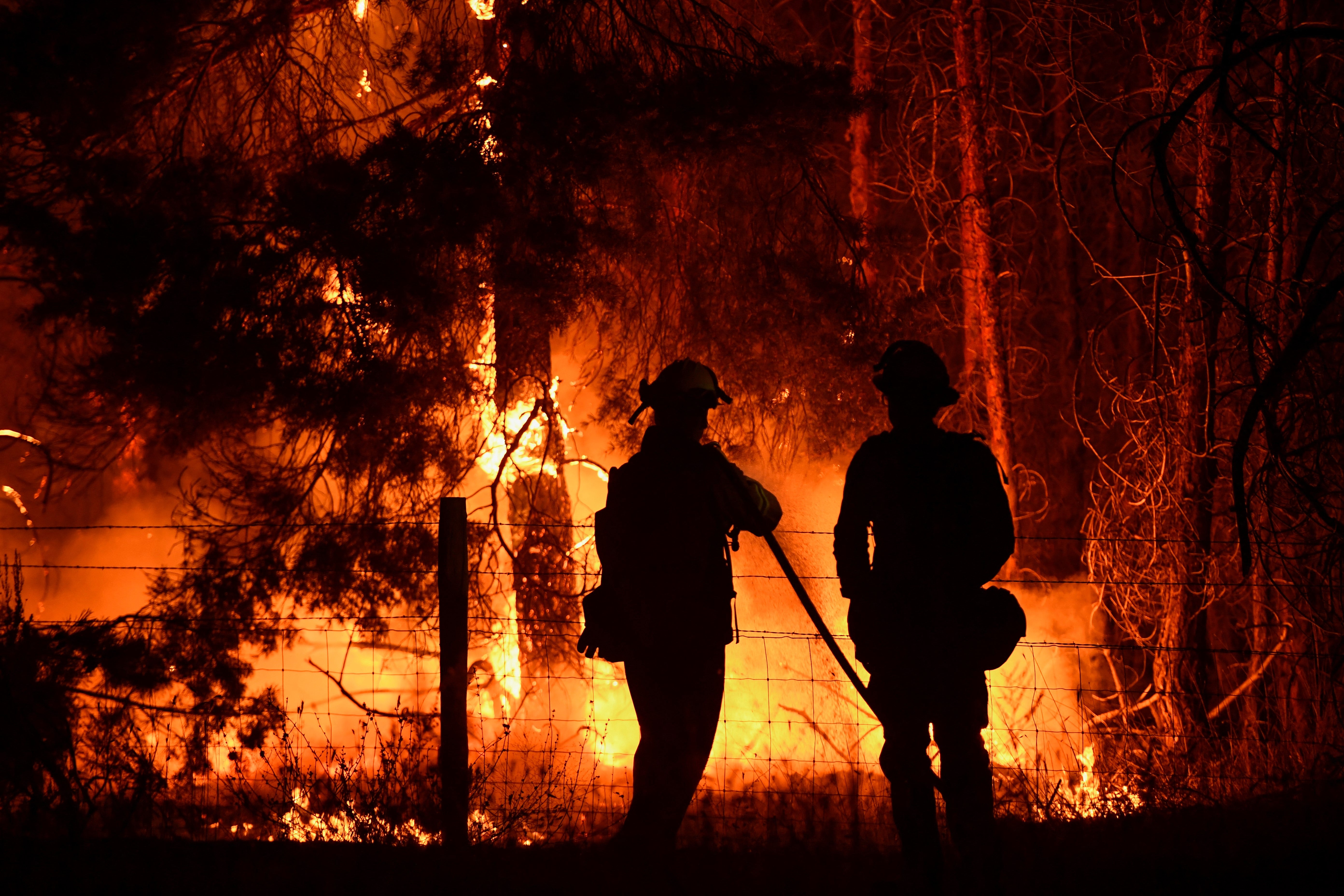 Firefighters spray water on trees as they burn along Highway 395 during the Dixie Fire in August near Janesville, California