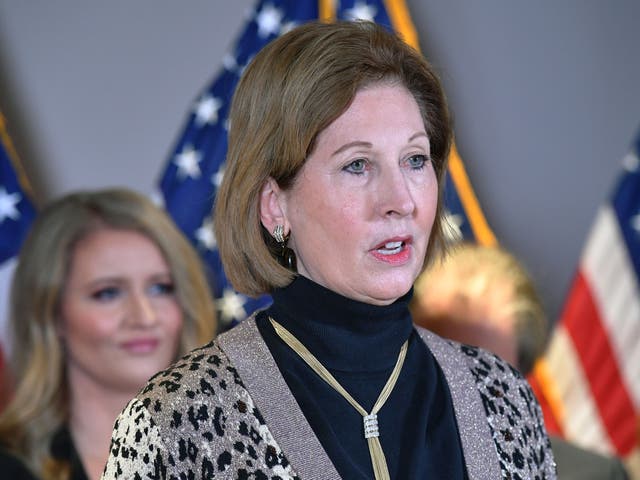 <p>A November 19, 2020 photo shows Sidney Powell speaking during a press conference at the Republican National Committee headquarters in Washington, DC</p>