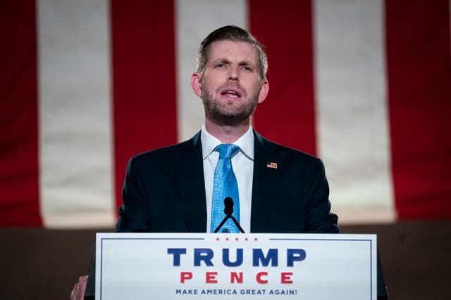 <p>Eric Trump, son of U.S. President Donald Trump, pre-records his address to the Republican National Convention at the Mellon Auditorium on August 25, 2020 in Washington, DC.</p>