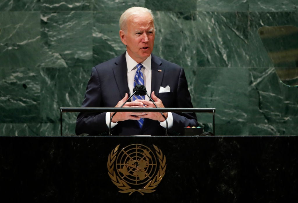 <p>President Joe Biden addresses the 76th Session of the U.N. General Assembly on September 21, 2021 at U.N. headquarters in New York City</p>