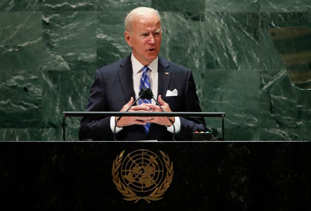 <p>President Joe Biden addresses the 76th Session of the U.N. General Assembly on September 21, 2021 at U.N. headquarters in New York City</p>
