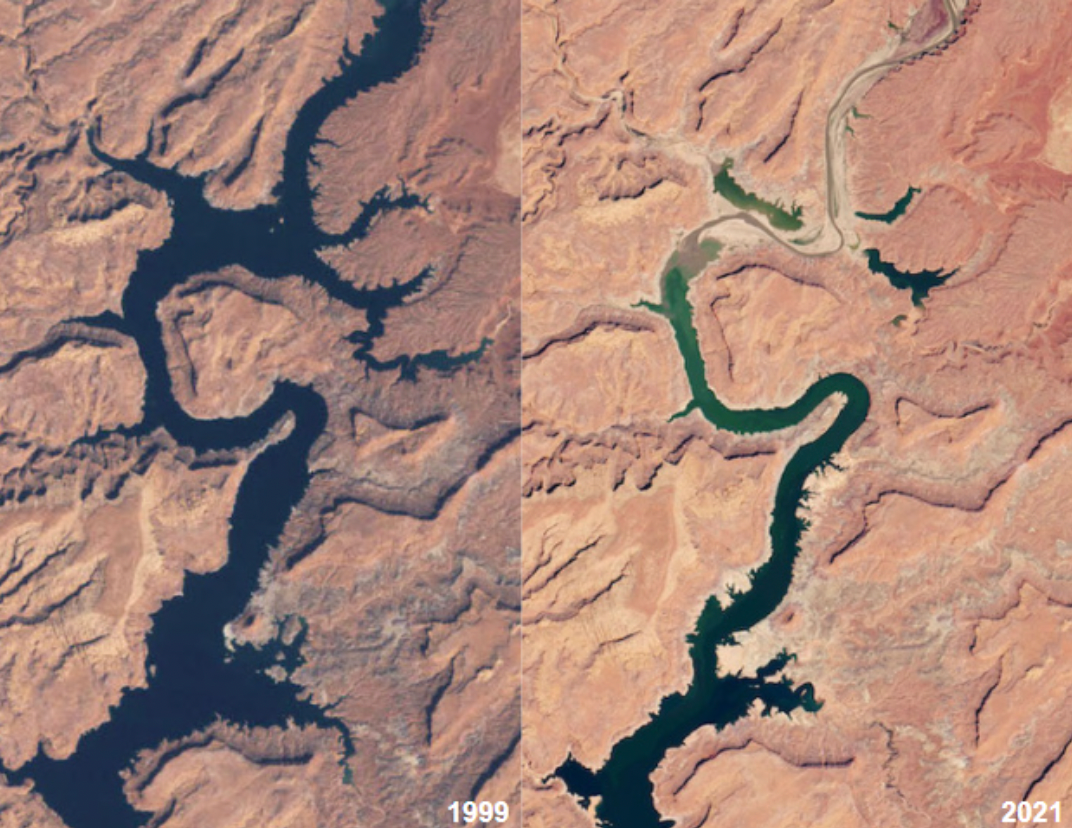 A composite photo of Lake Powell in southwest US, which shows the area in 1999 and in 2021