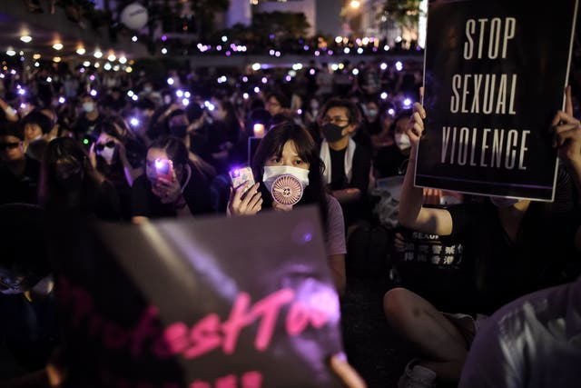 <p>People take part in a #MeToo rally in Hong Kong in 2019</p>