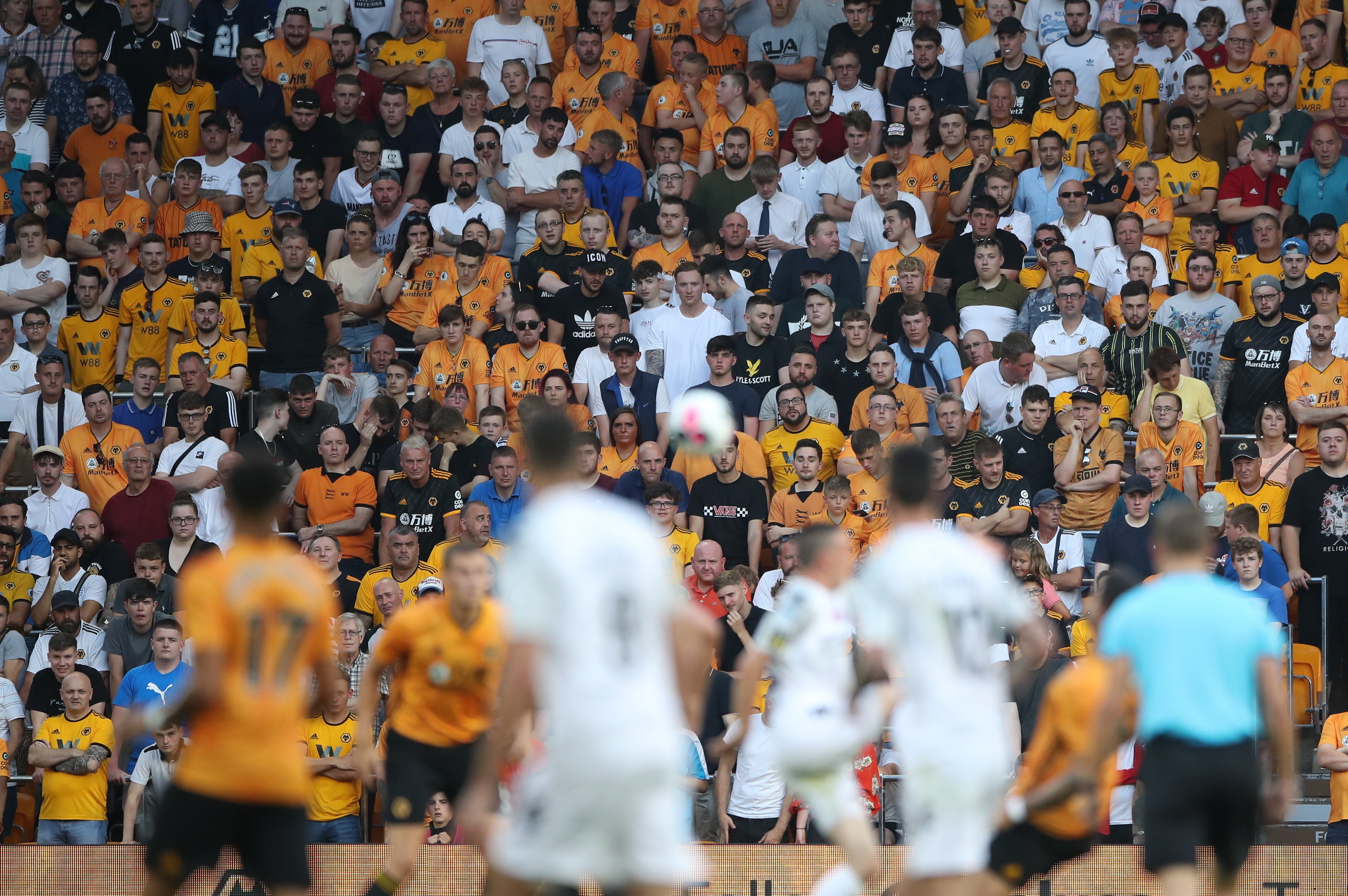 Wolves’ fans in safe standing during a Europa League qualifier in July 2019 (Nick Potts/PA)