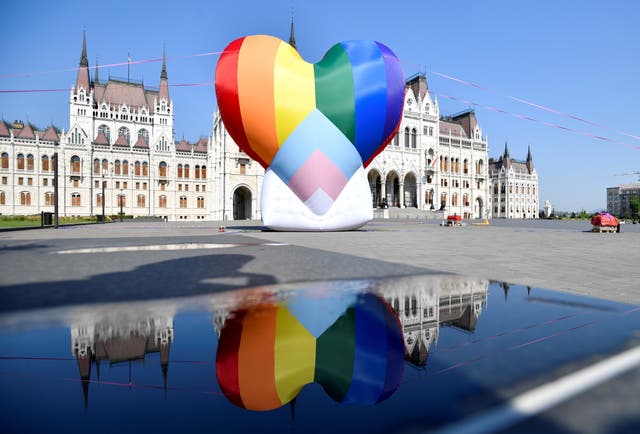 <p>A huge rainbow balloon put up at Hungary’s parliament in protest against anti-LGBT law. </p>