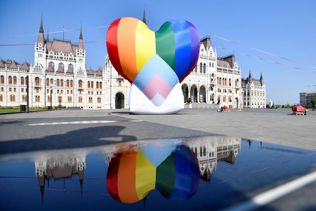 <p>A huge rainbow balloon put up at Hungary’s parliament in protest against anti-LGBT law. </p>