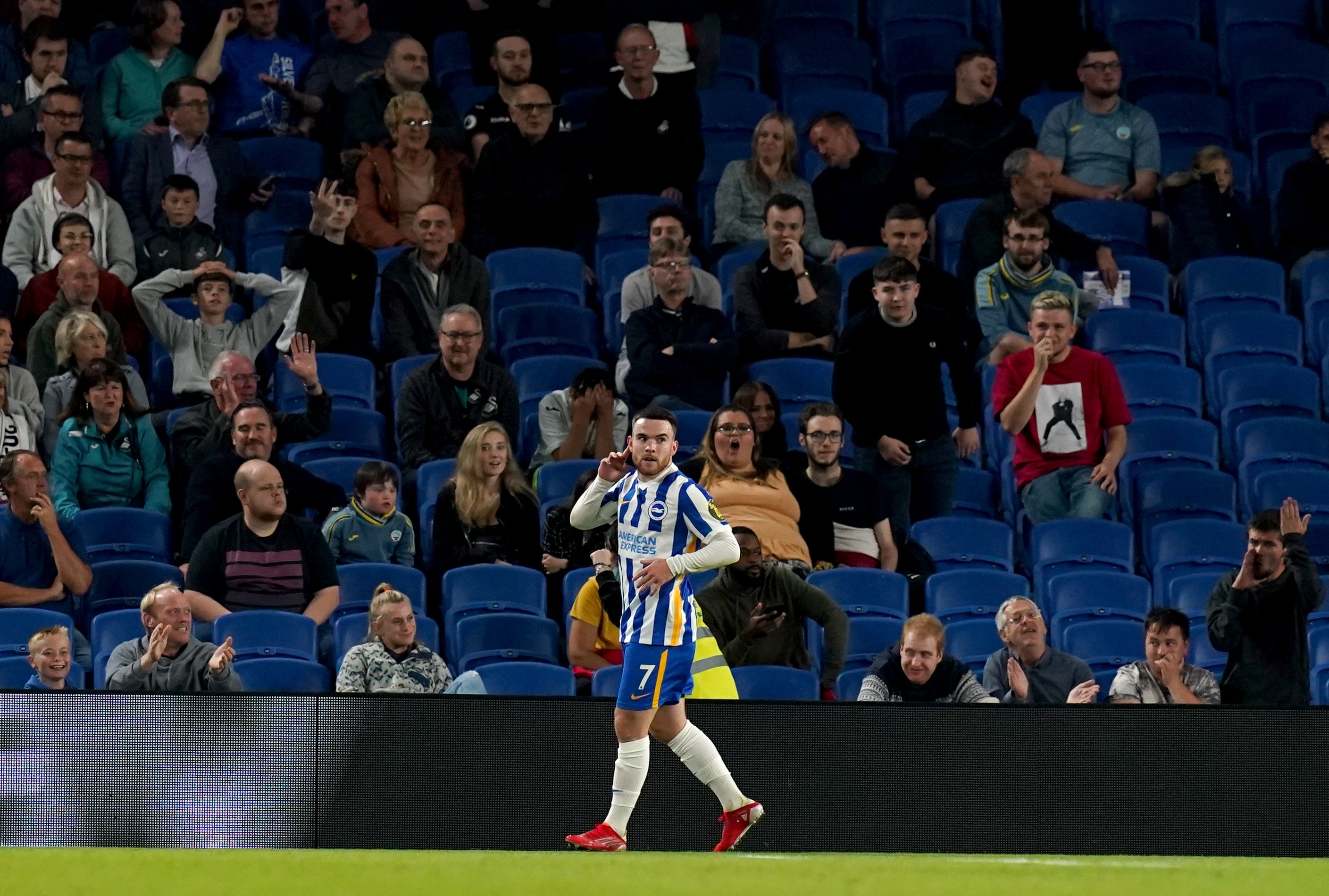 Aaron Connolly struck twice to ensure Brighton’s place in the Carabao Cup fourth round after a 2-0 win over Swansea (Gareth Fuller/PA)