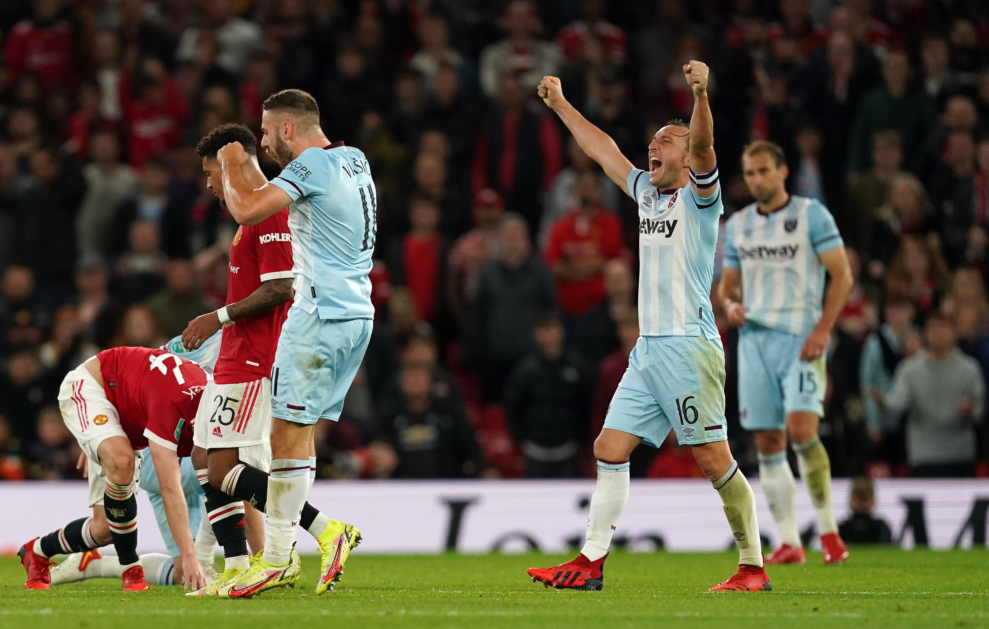 West Ham celebrated a memorable win at Old Trafford (Martin Rickett/PA)
