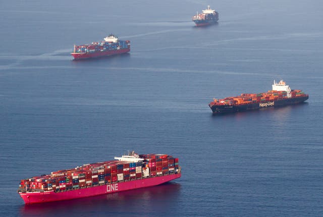 <p>Container ships anchored by the ports of Long Beach and Los Angeles as they wait to offload on 20 September, 2021</p>