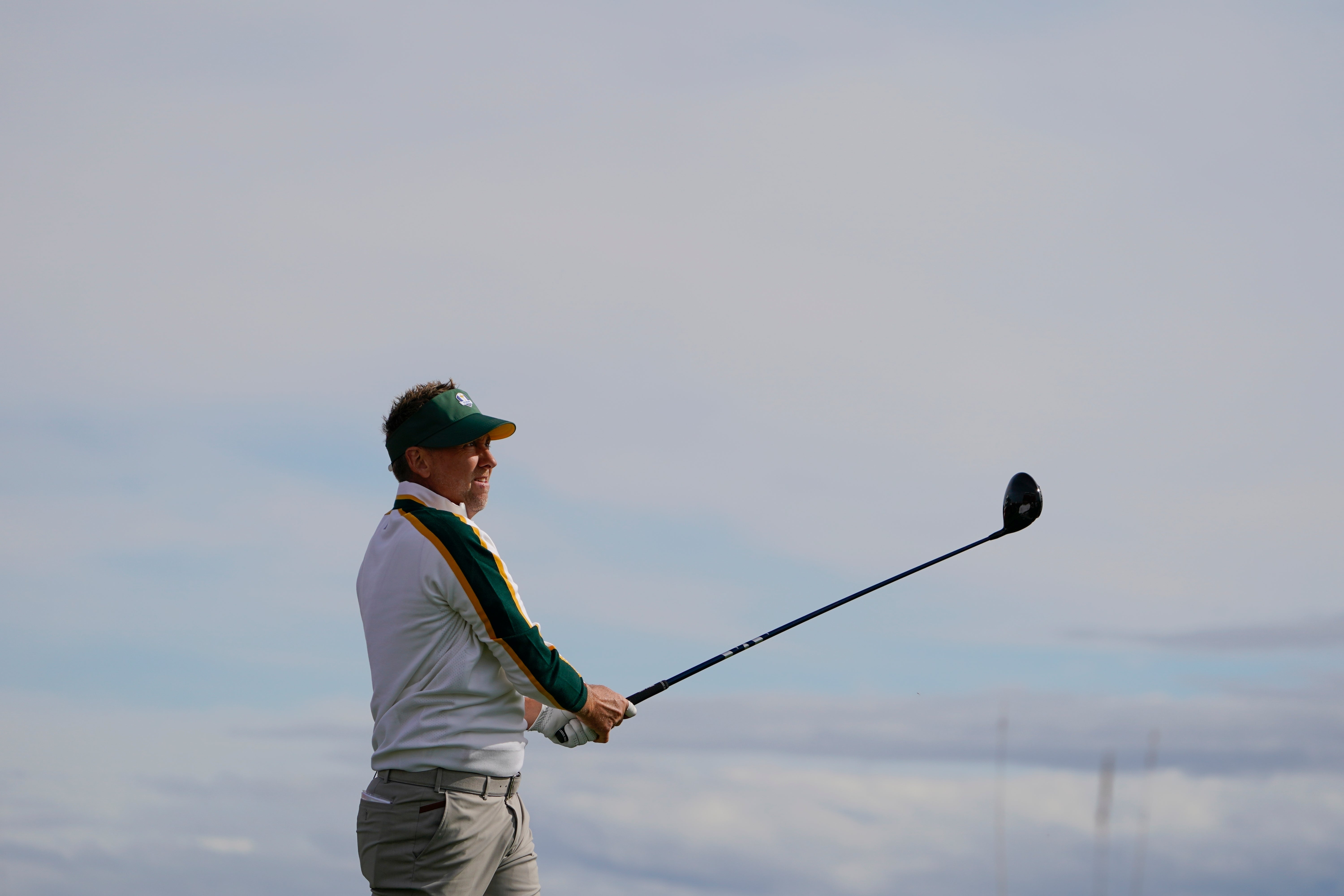 Team Europe’s Ian Poulter hits on the second hole during a practice day at the 43rd Ryder Cup at Whistling Straits (Jeff Roberson/AP)