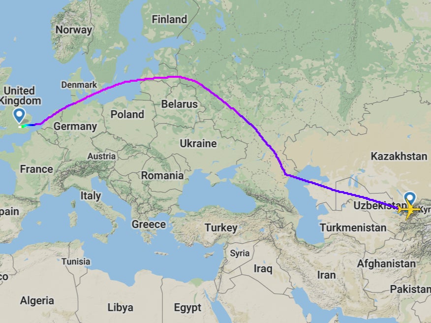 Long way home: the flight path of British Airways flight BA260 from Tashkent to London Heathrow