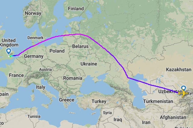 <p>Long way home: the flight path of British Airways flight BA260 from Tashkent to London Heathrow</p>