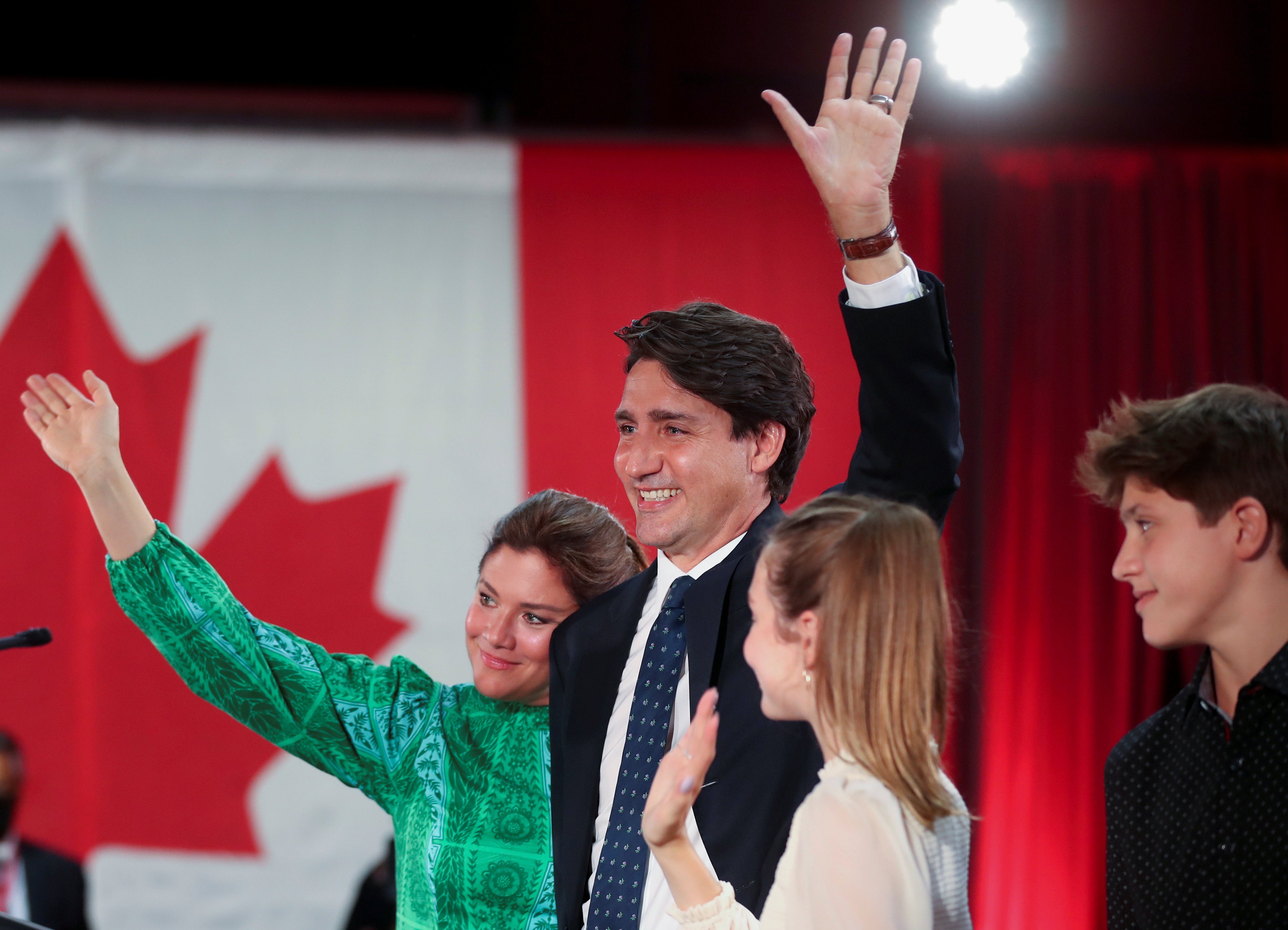 Canada’s Liberal prime minister Justin Trudeau, accompanied by his wife Sophie Gregoire and their children at an election night party in Montreal