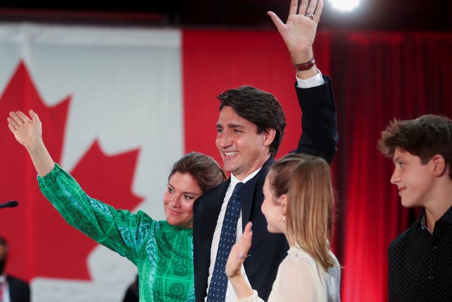 <p>Canada’s Liberal prime minister Justin Trudeau, accompanied by his wife Sophie Gregoire and their children at an election night party in Montreal</p>