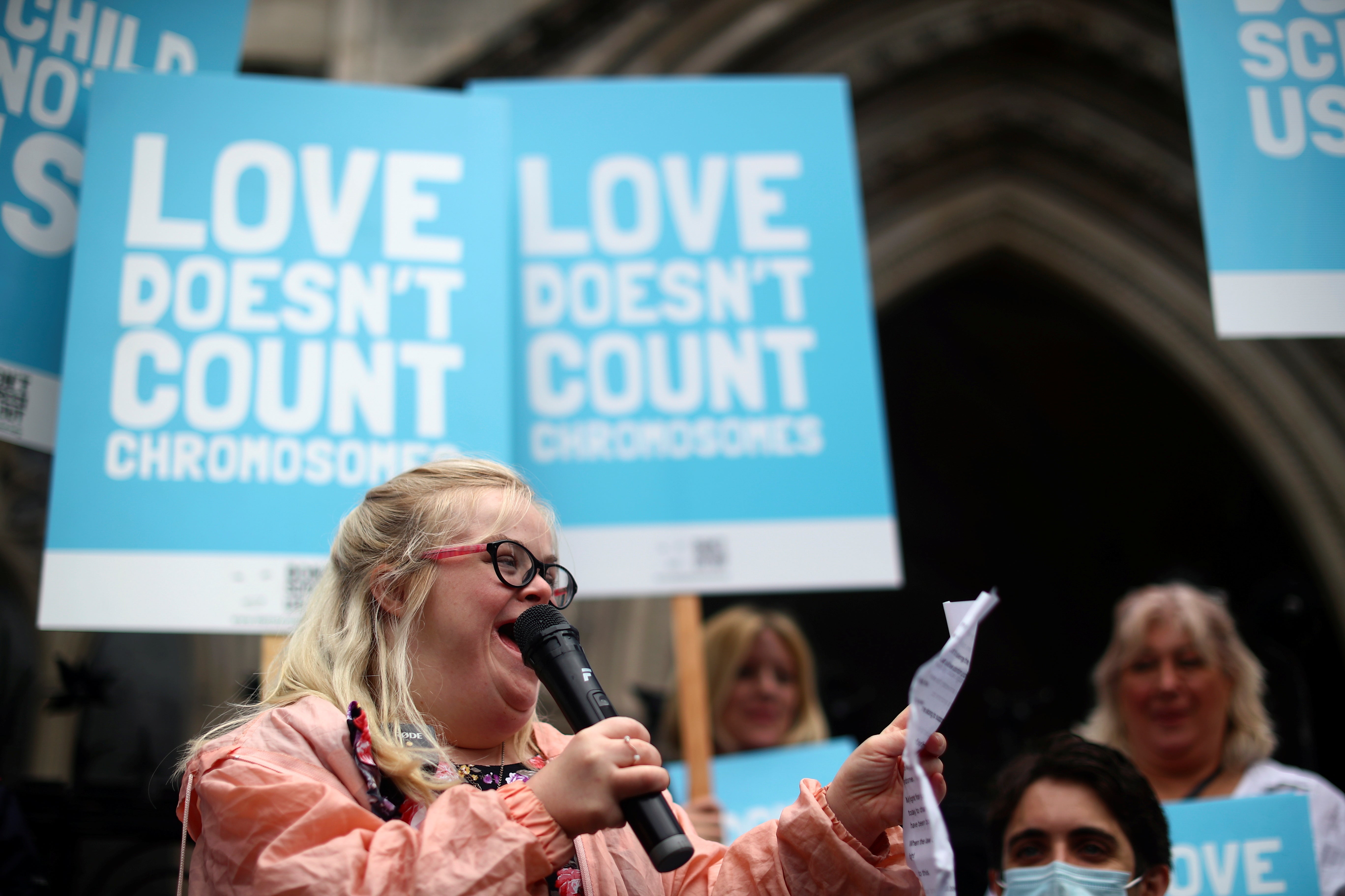 Heidi Crowter speaks outside the High Court in July