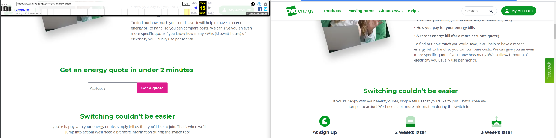 Ovo Energy’s “get a quote” button was on its website in August (left), but has since been removed (right).