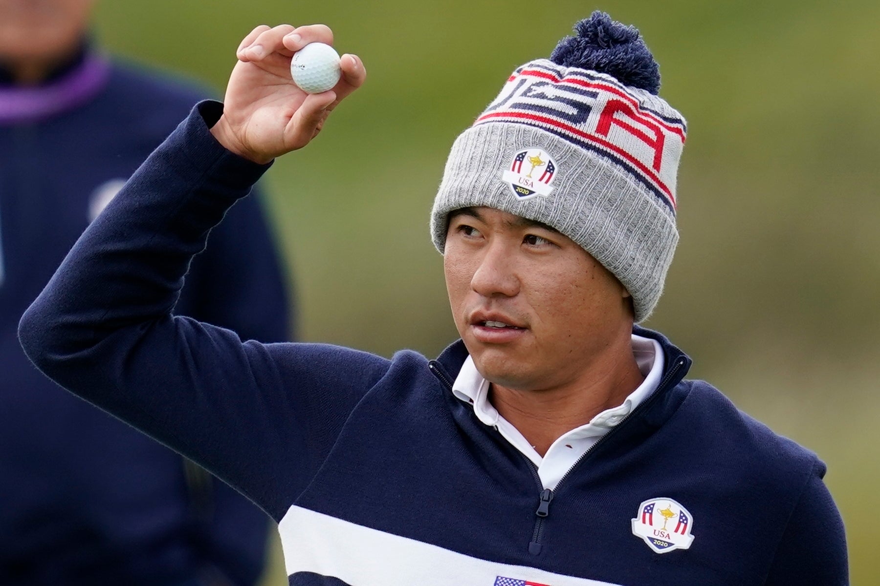 Collin Morikawa reacts on the 10th hole during a practice day at the 43rd Ryder Cup at Whistling Straits (Ashley Landis/AP)